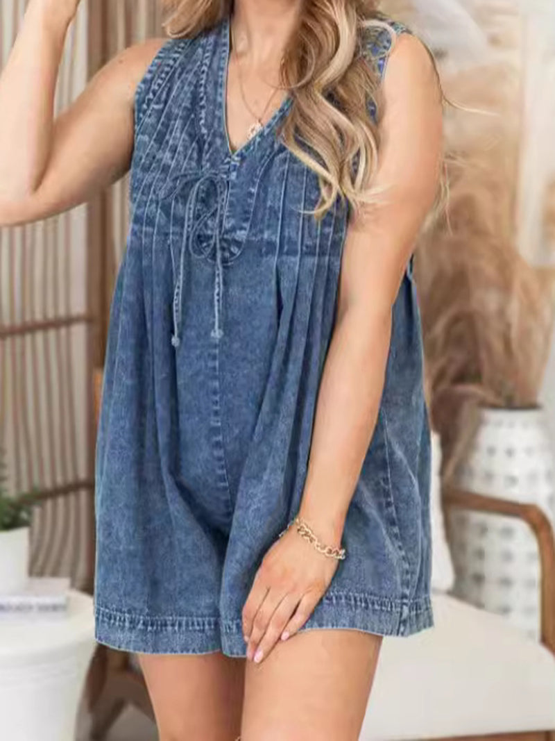 Sleeveless Tie-Front Denim Romper