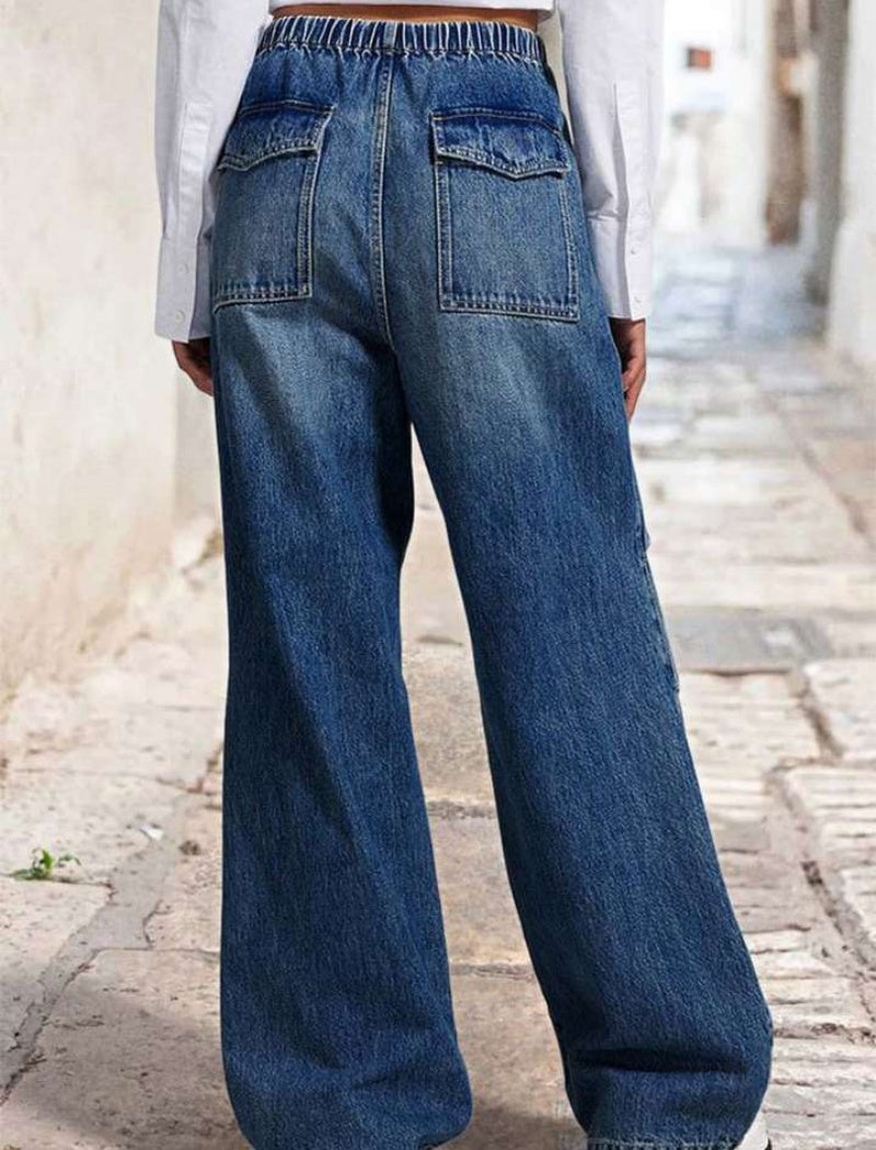 Mid-Rise Pleated Wide-Leg Denim Pants