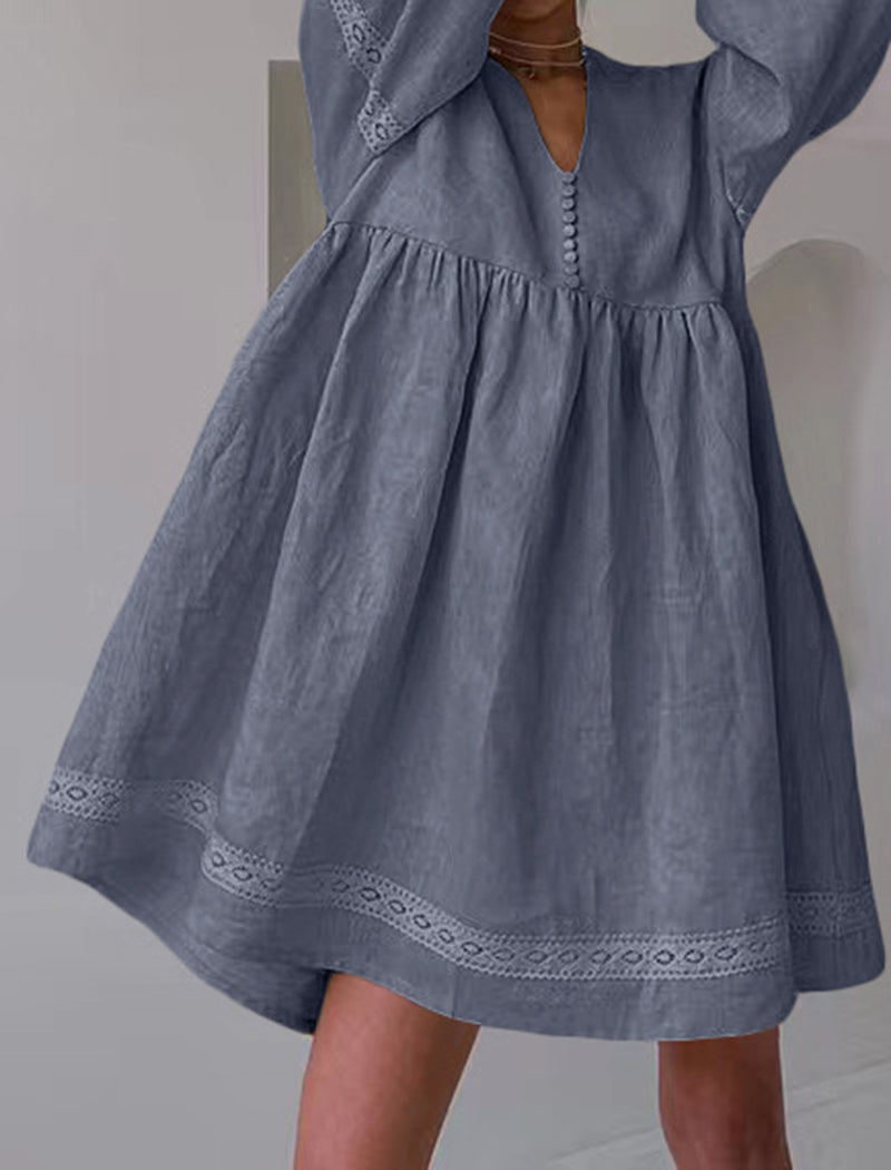 V-Neck Lantern Sleeve Loose Mini Dress