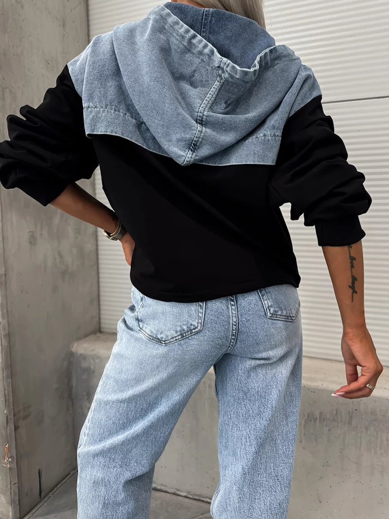 Patchwork Hooded Denim Pullover