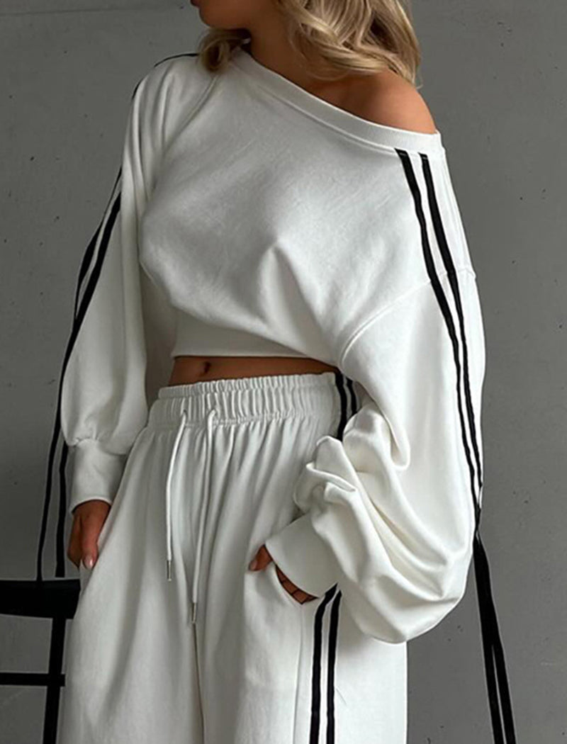 Color-Blocked Drawstring Waist Off-Shoulder Hoodie and Pants Set