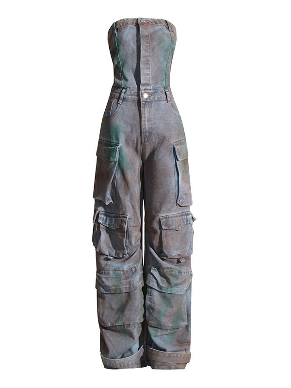 Strapless Distressed Utility Jumpsuit