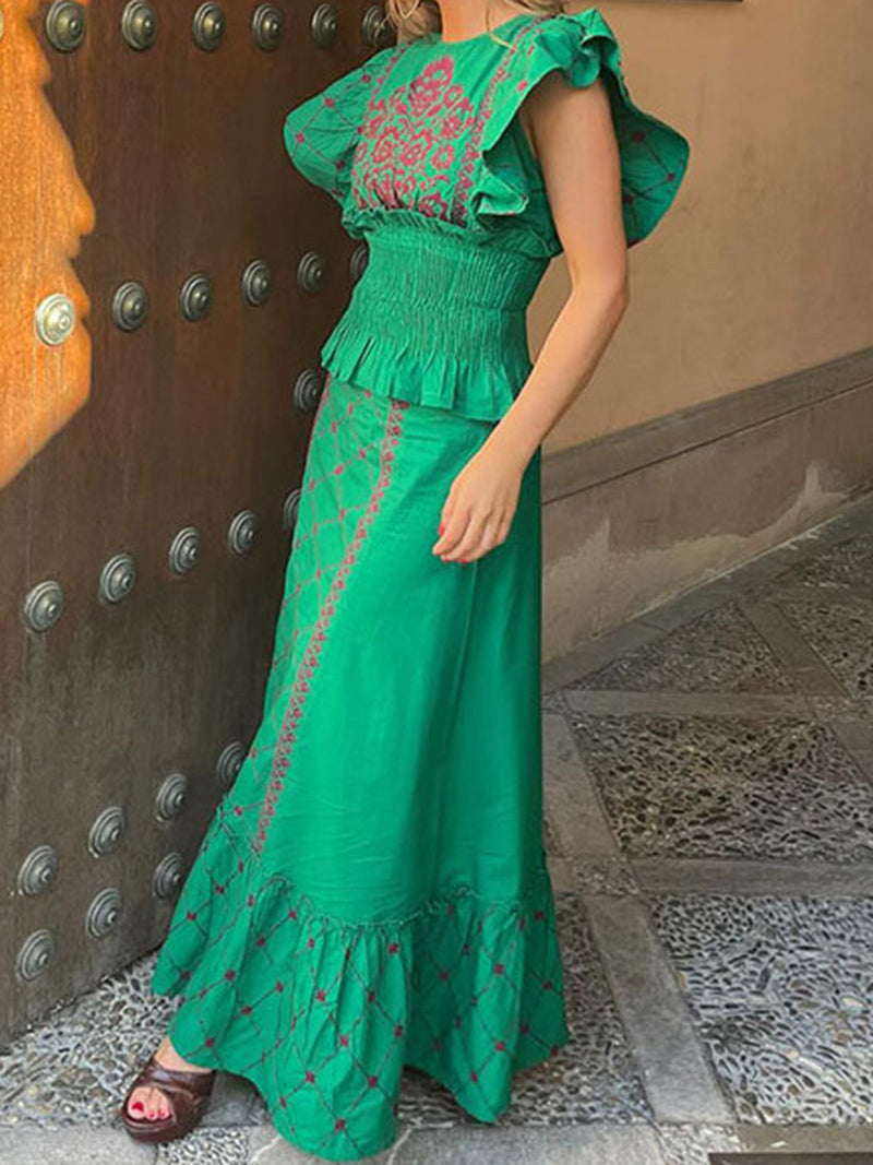 Puff-Sleeve Peplum Maxi Dress