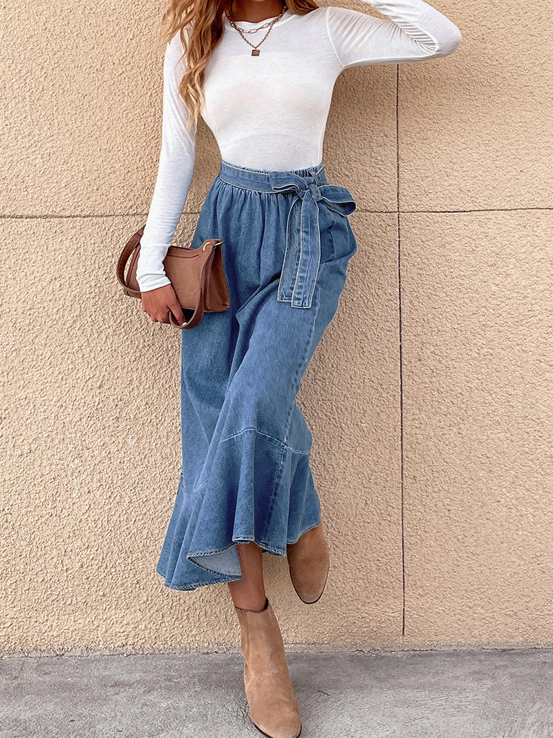 Denim Self-Tie Midi Skirt