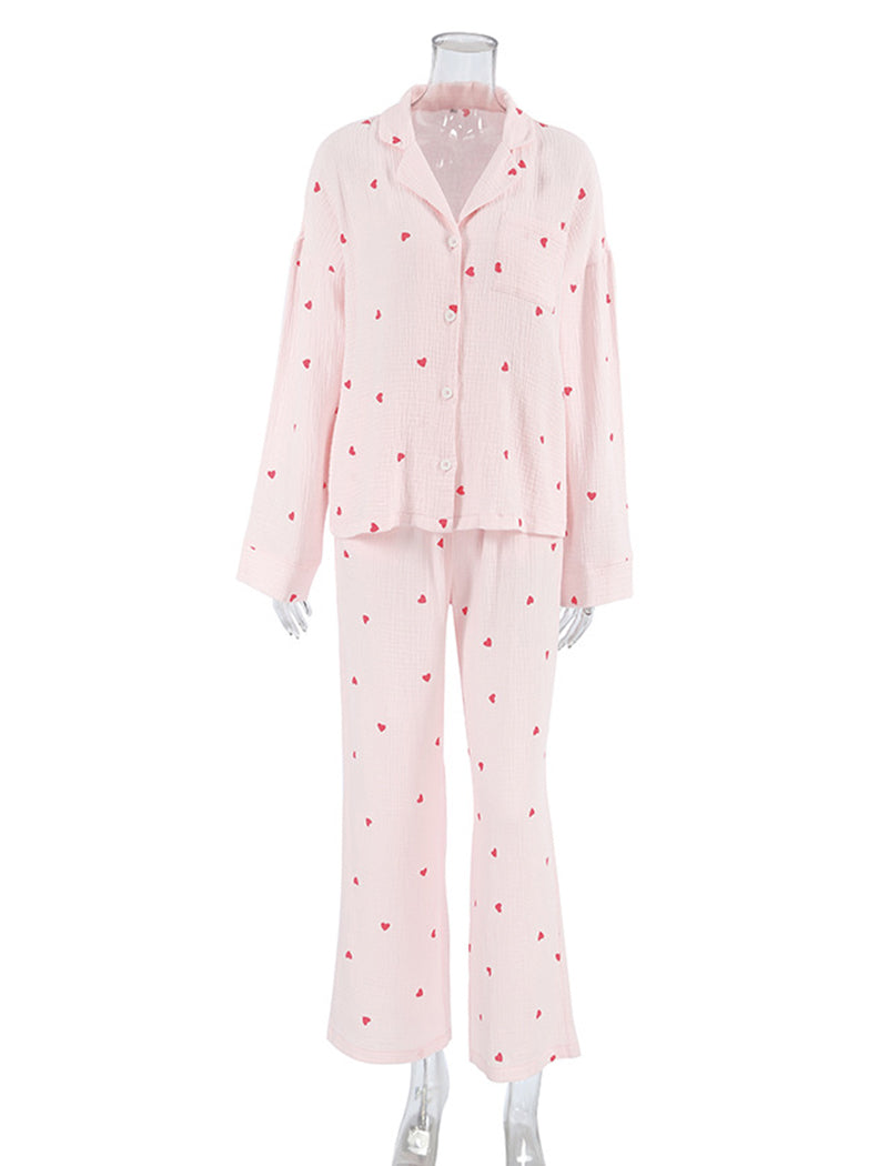 Heart Print Long Sleeve Pajama Set