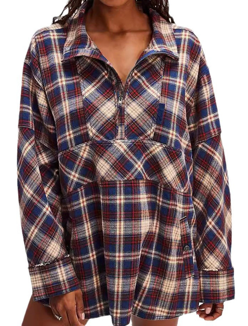 Half-Zip Collared Loose Plaid Pocket Shirt