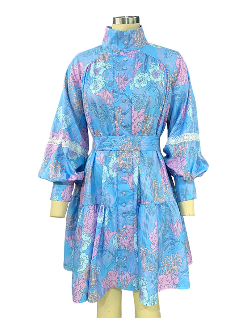 Floral Print Tiered Belted Midi Dress