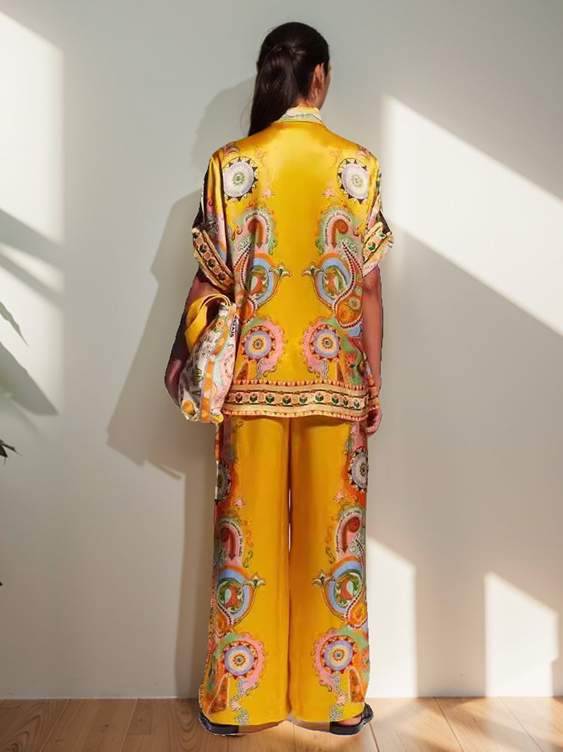 Graphic Print Shirt and Wide-Leg Pants Set