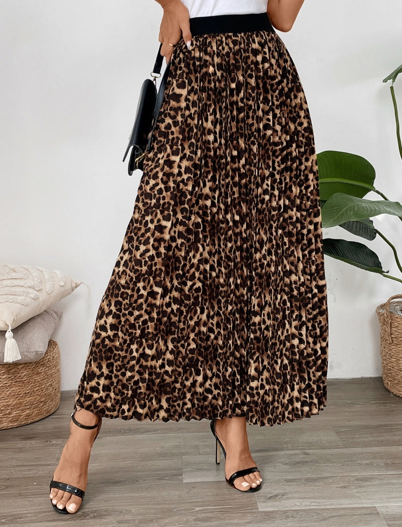 Leopard Print Pleated Midi Skirt