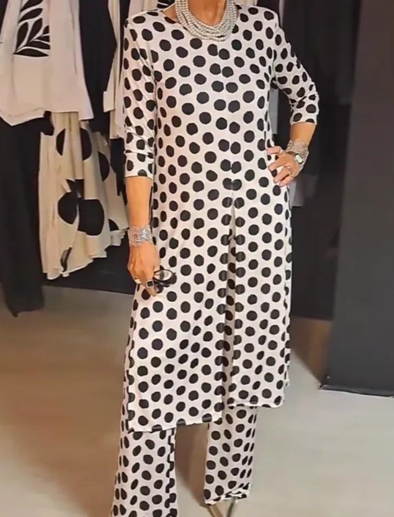 Crewneck Long Sleeve Split Polka Dot Pants Set