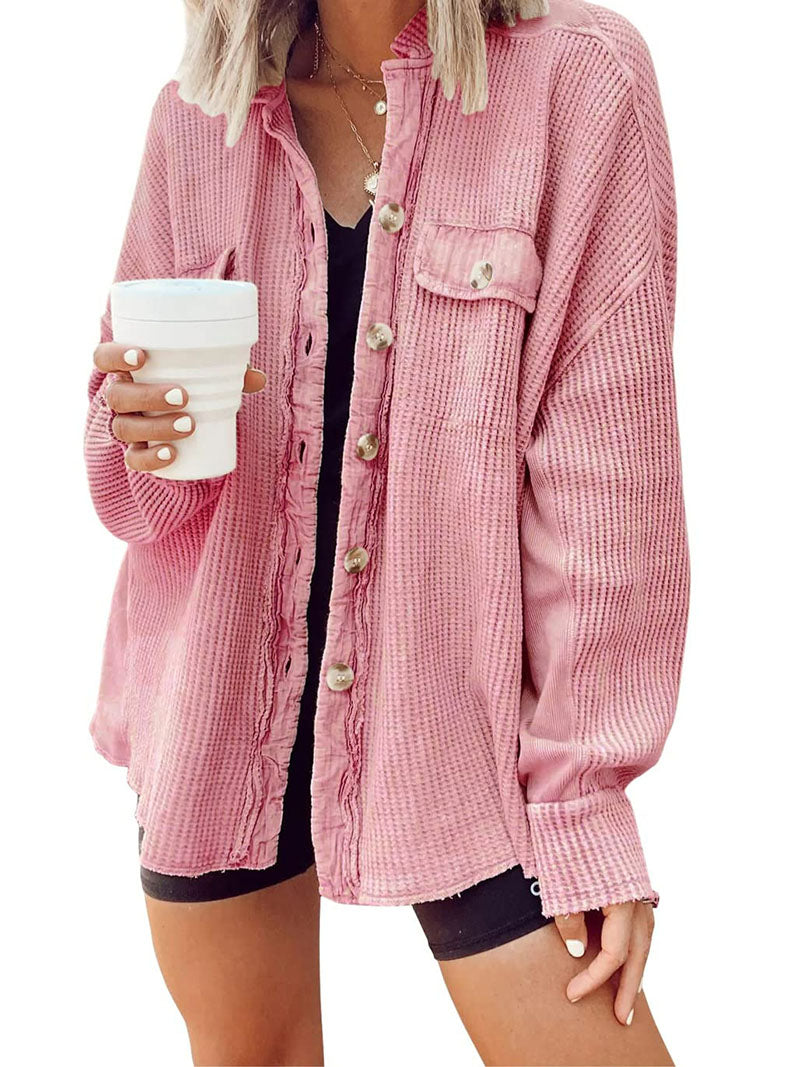 Button-Up Frayed Waffle Shacket