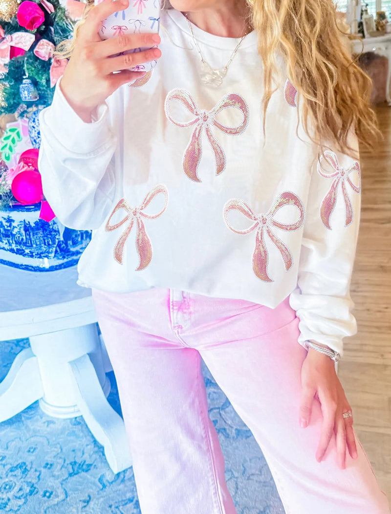 Embellished Bow-Print Casual Top