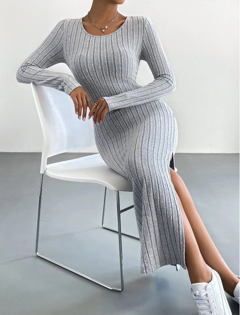 Ribbed Long-Sleeve Slit Maxi Dress