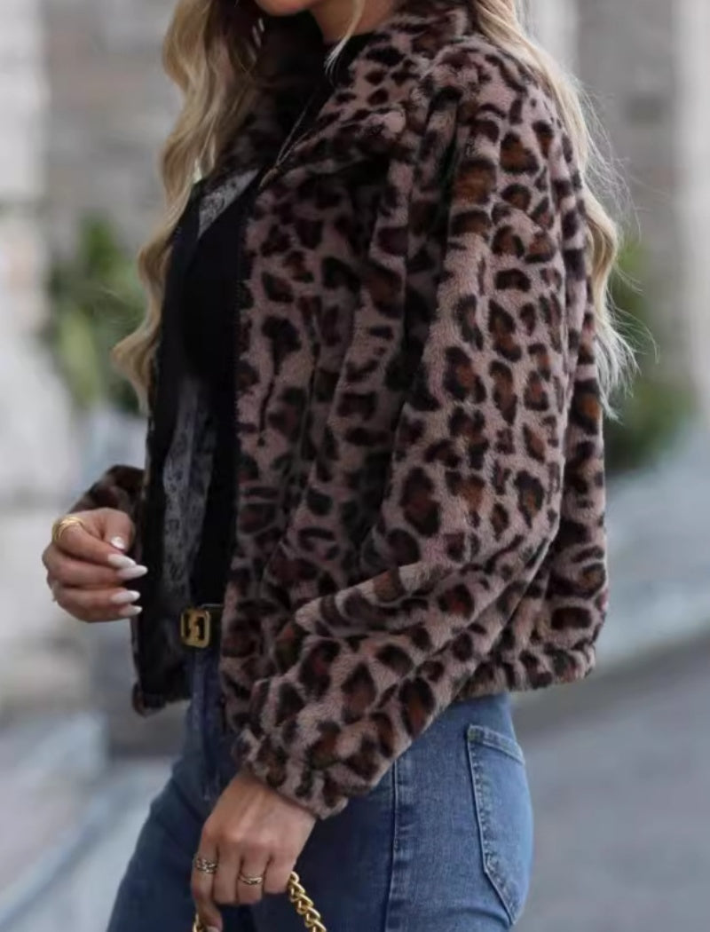 Cropped Animal Print Faux Fur Jacket