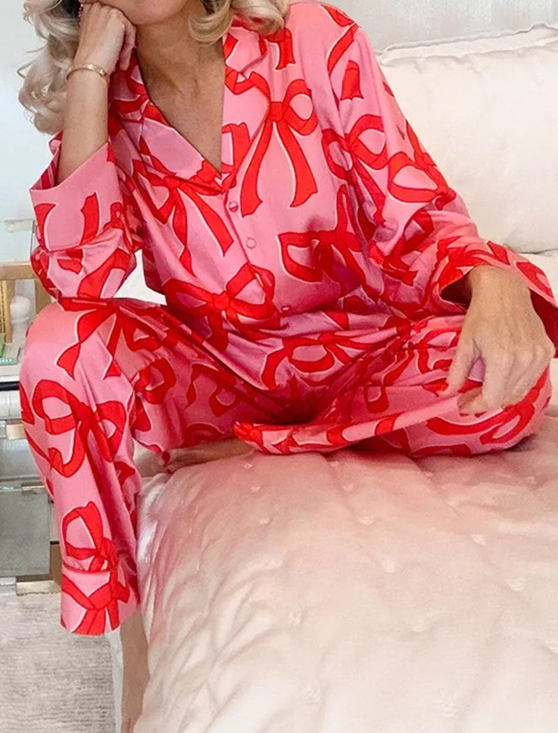 Bow Print Button-Up Pajama Set