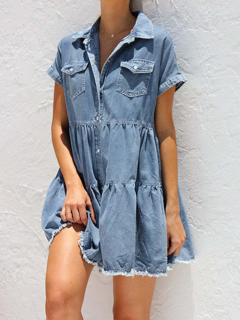 Tiered Denim Button-Up Mini Dress