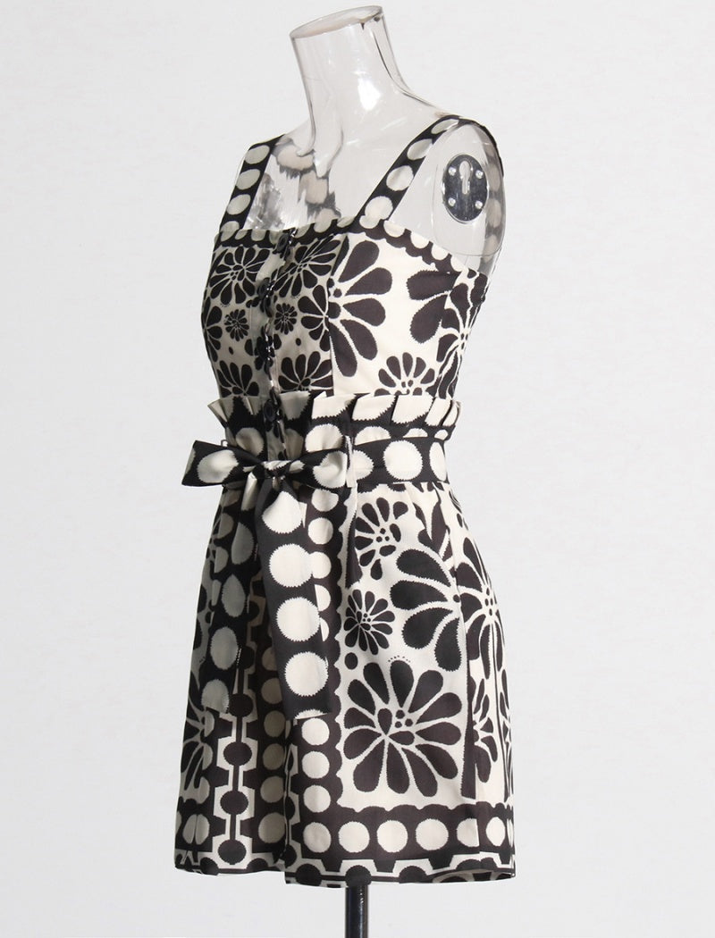 Floral Print Romper with Waist Tie