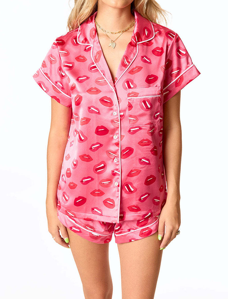 Printed Satin Short Sleeve Shirt and Shorts Set