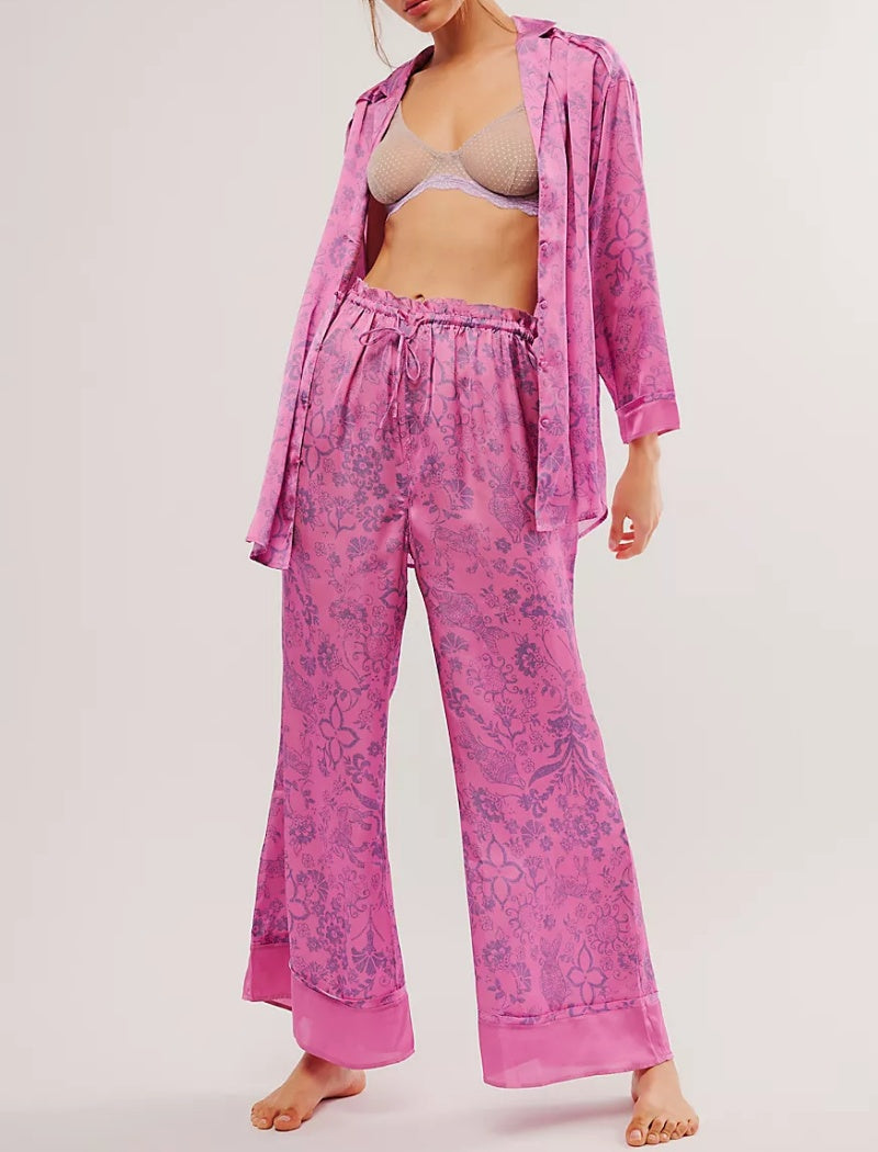 Floral Print Satin Long-Sleeves and Pants Pajama Set