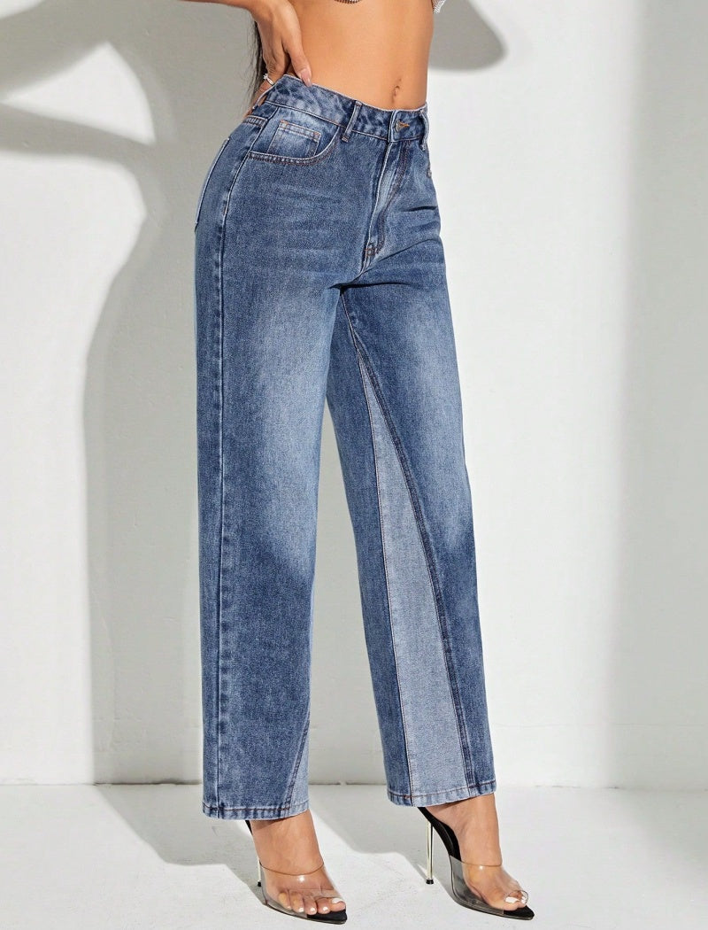 Colorblock Denim Straight-Leg Jeans