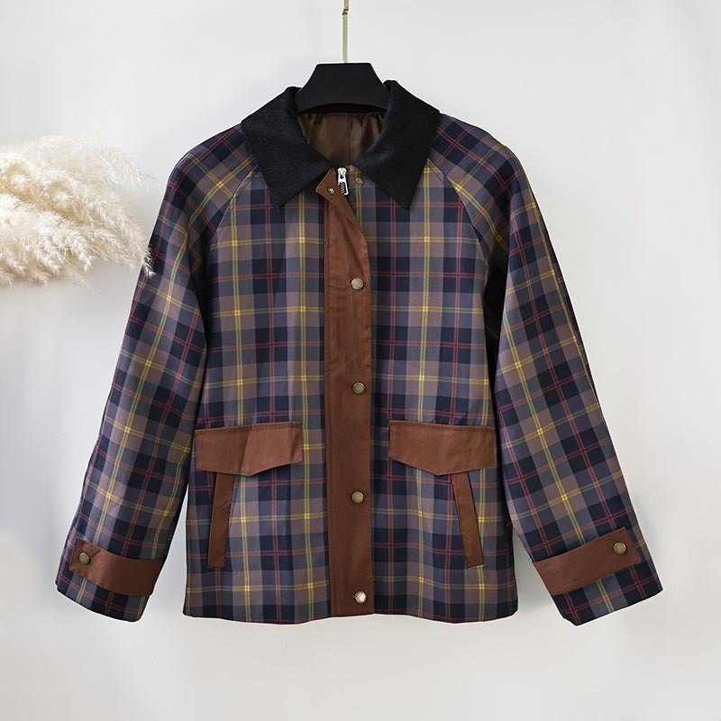 Plaid Faux Fur Collar Zip-up Jacket