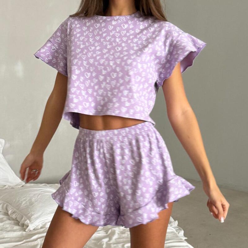 Graphic Ruffle Hem Cropped Shirt & Shorts Pajama Set