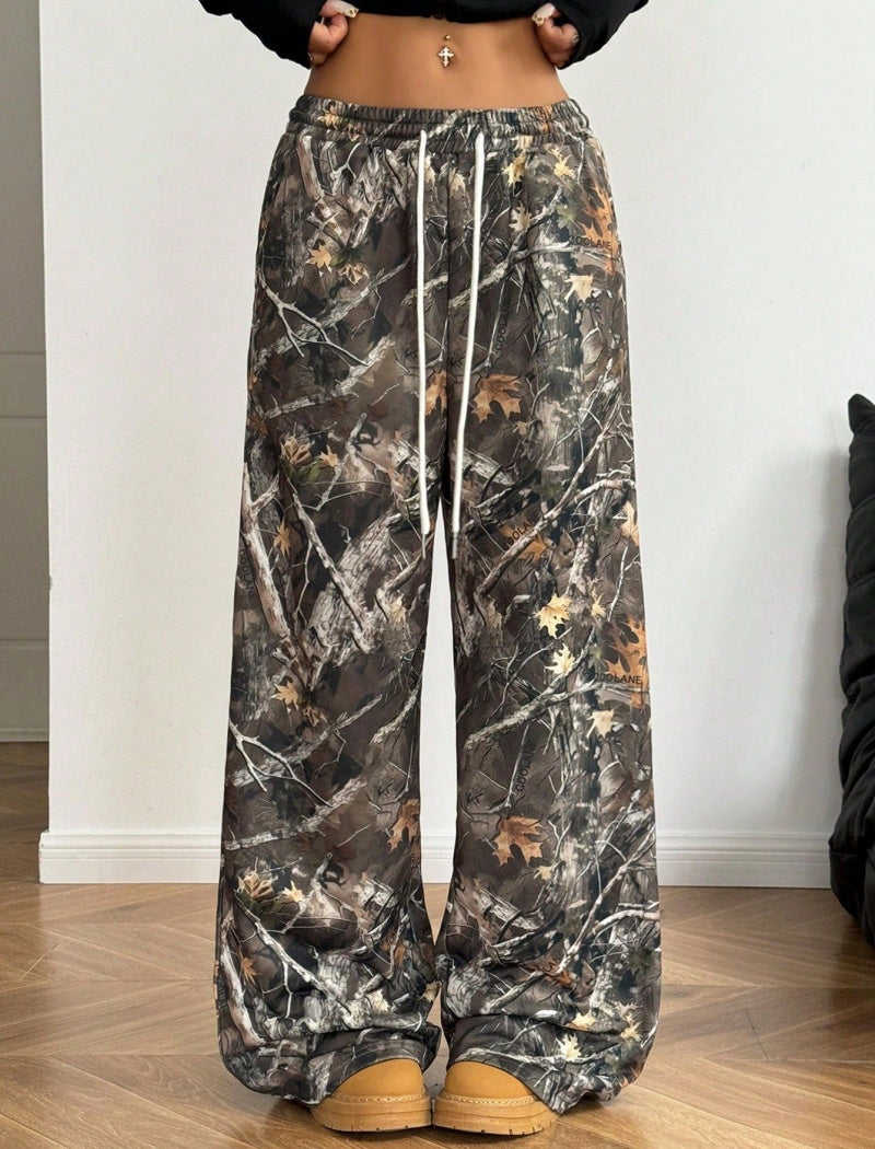 Wide-Leg Camo Printed Drawstring Pants