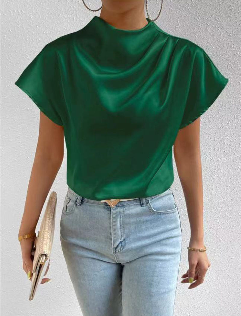 Satin Cowl Neck Short-Sleeve Blouse