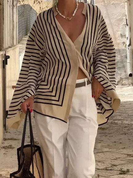 Striped Flared Sleeves Button-Up Blouse