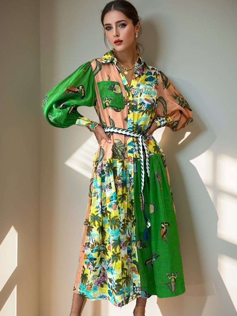 Printed Collared Midi Dress with Belt