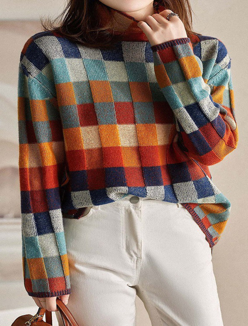 Colorful Checkered Knit Sweater