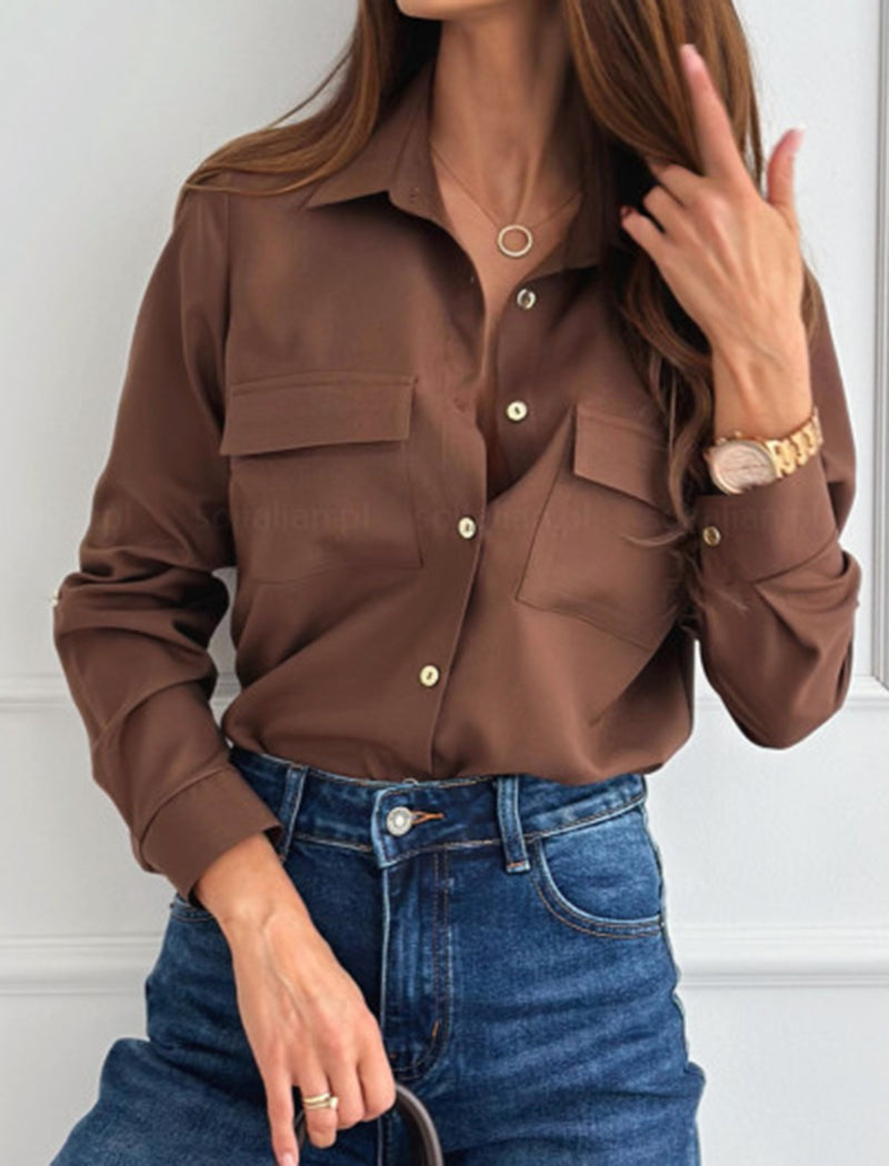 Solid Rolled Sleeve Single-Button Long Sleeve Shirt