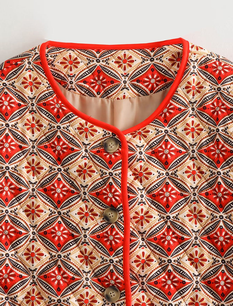 Button-Detail Floral Crewneck Cardigan