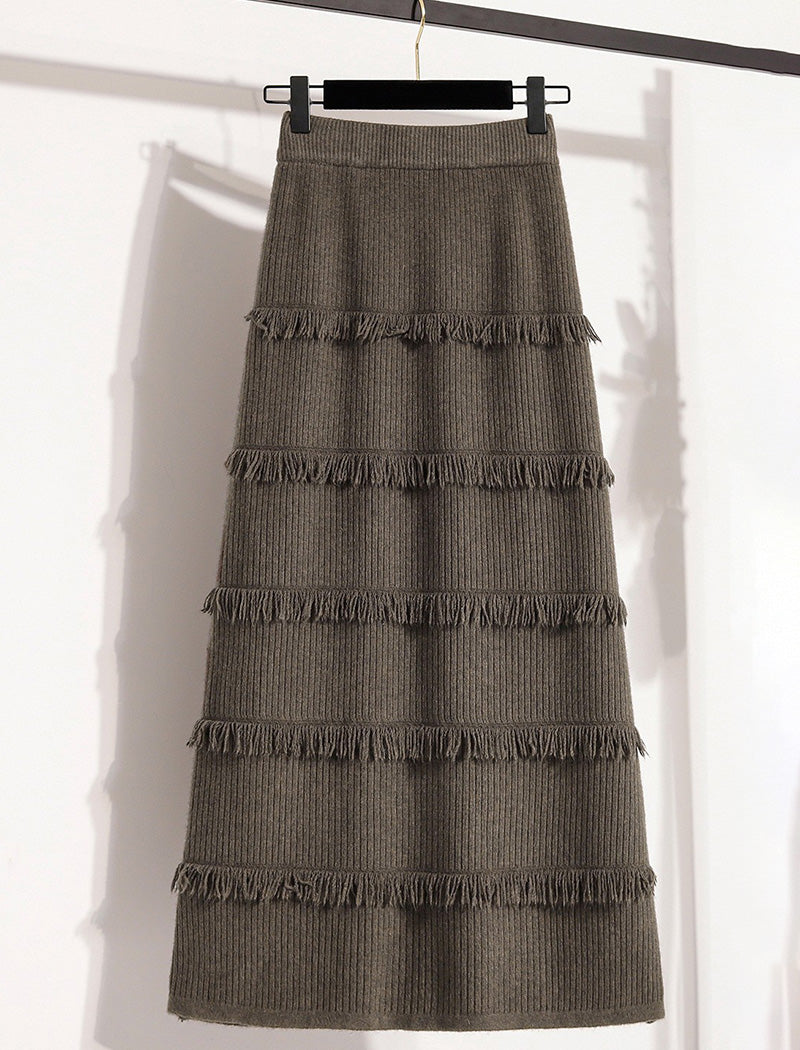 Tiered Fringe Detail Knit Skirt