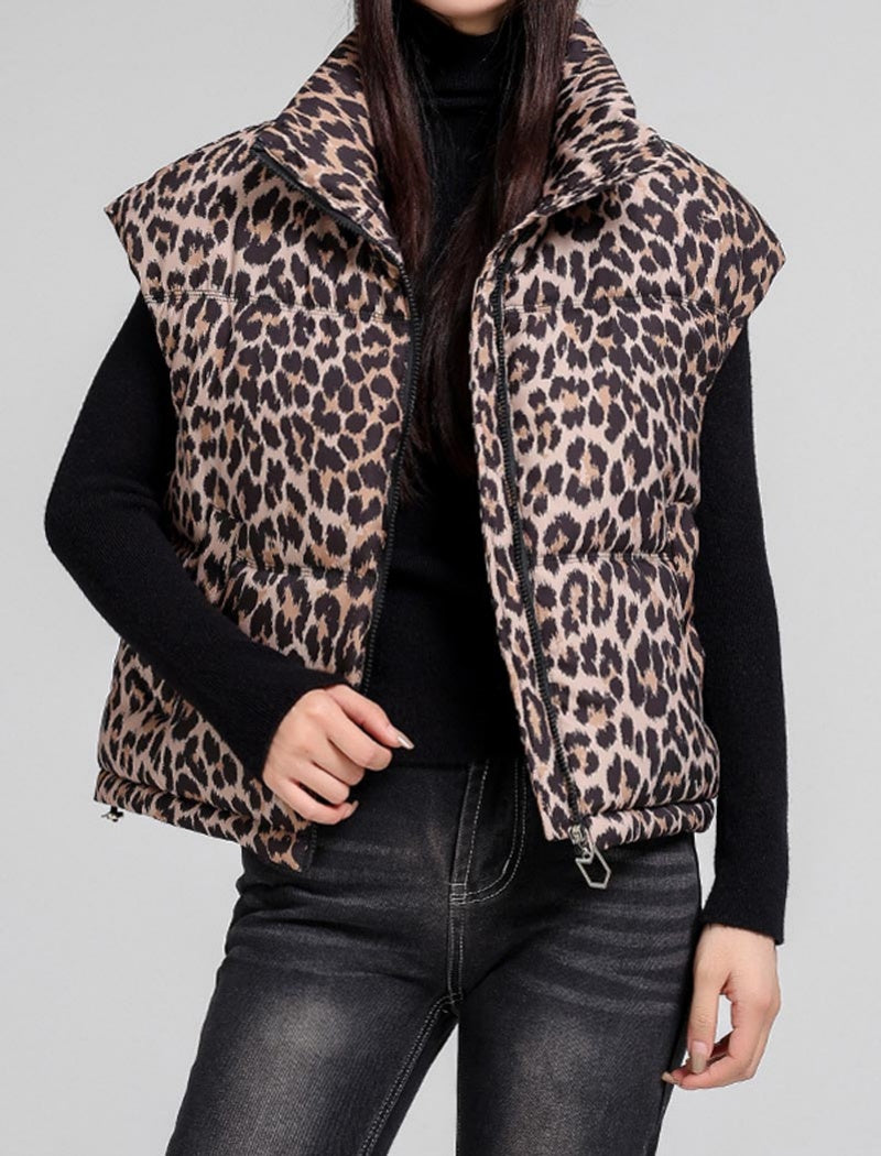Sleeveless Leopard Print Puffer Vest
