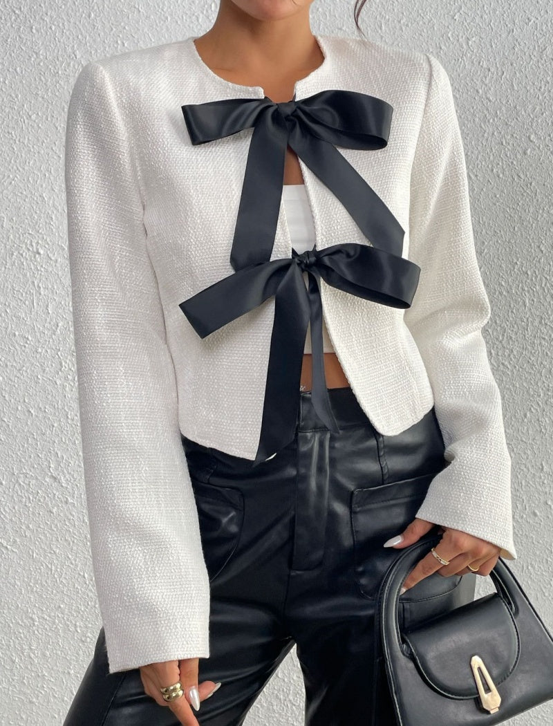 Bow-Accented Cropped Tweed Jacket
