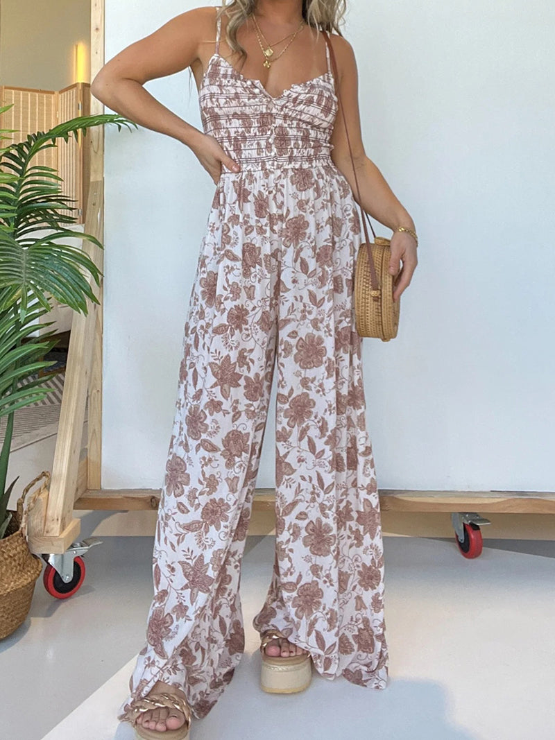 Floral Print Smocked Wide-Leg Jumpsuit