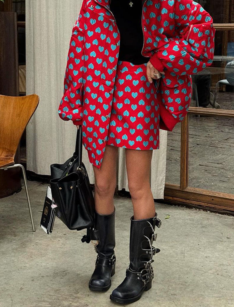 Heart Print Puffer Jacket and Mini Skirt Set