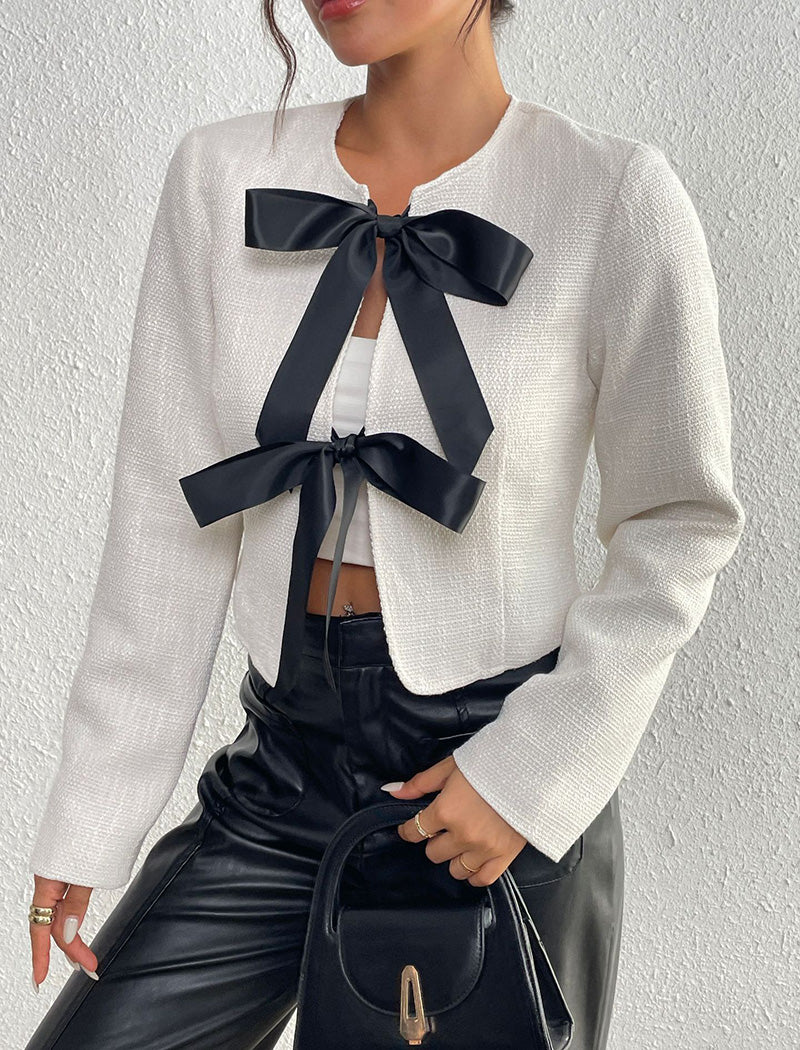 Cropped Blazer with Ribbon Ties
