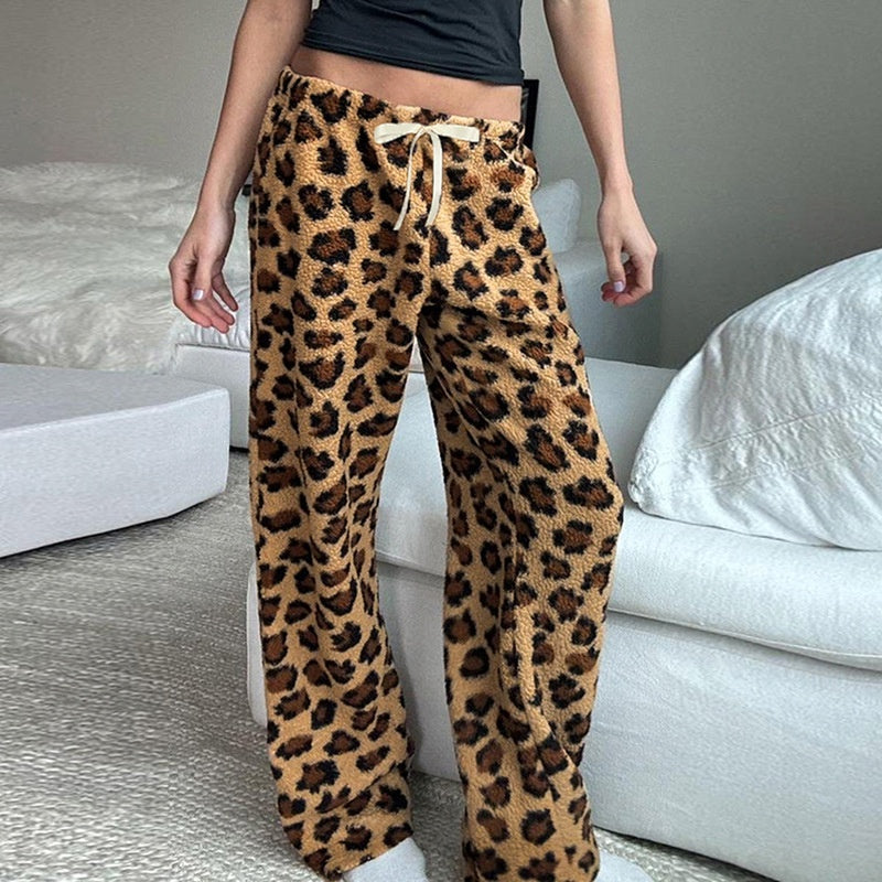 Leopard Print Tie-Waist Fuzzy Pants