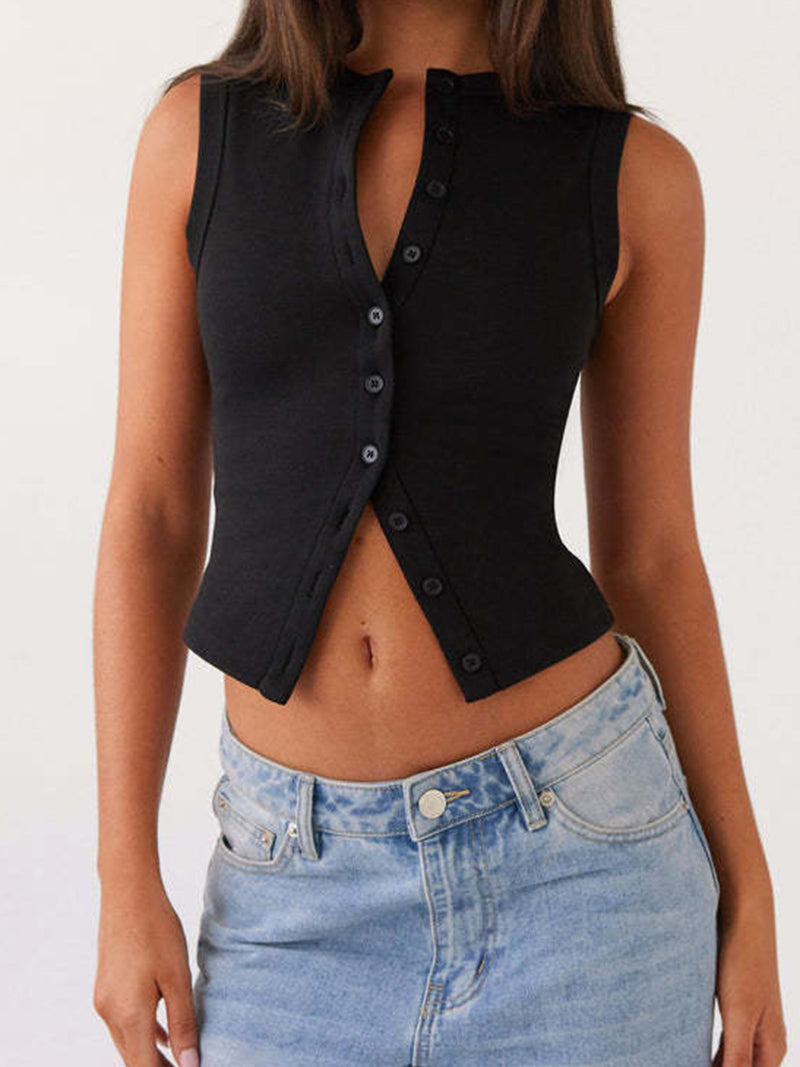 Sleeveless Button-Front Crop Top