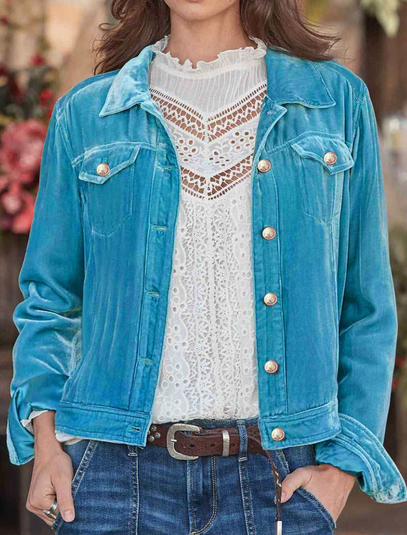 Button-Up Velvet Jacket with Chest Pockets
