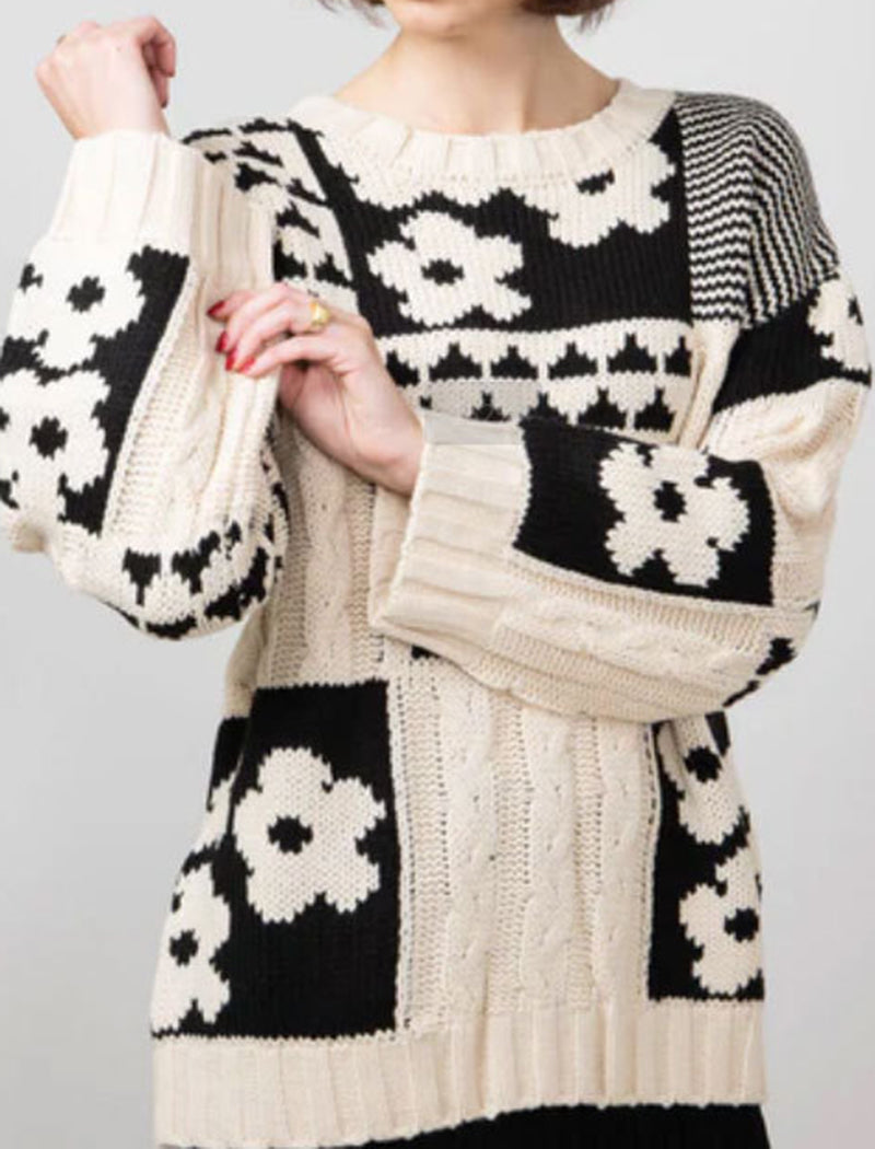 Floral Block Loose Knit Pullover
