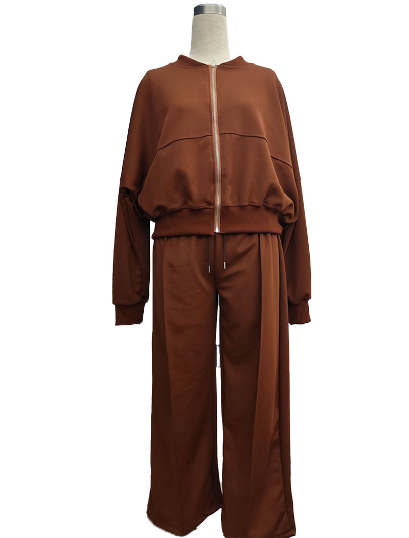 Zip-Up Jacket and Drawstring Wide-Leg Pants Set