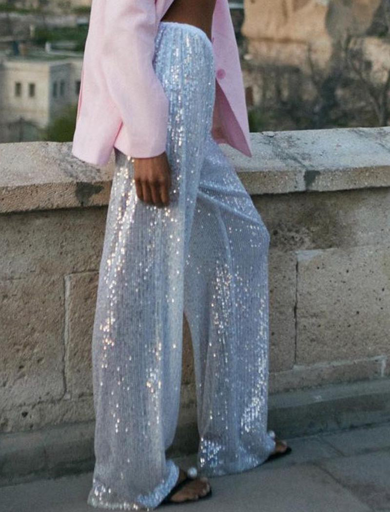 Wide-Leg Sequined Pants