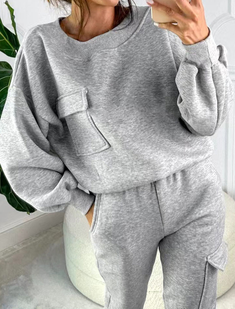 Casual Grey Pocketed Top and Pants Set