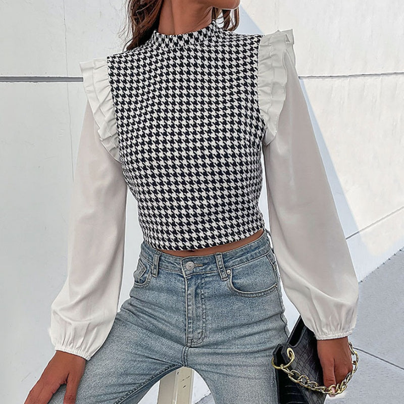 Houndstooth Ruffle Sleeve Crop Top