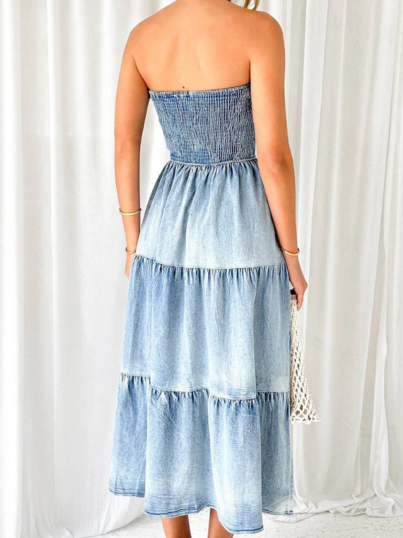 Smocked Strapless Tiered Slit Dress