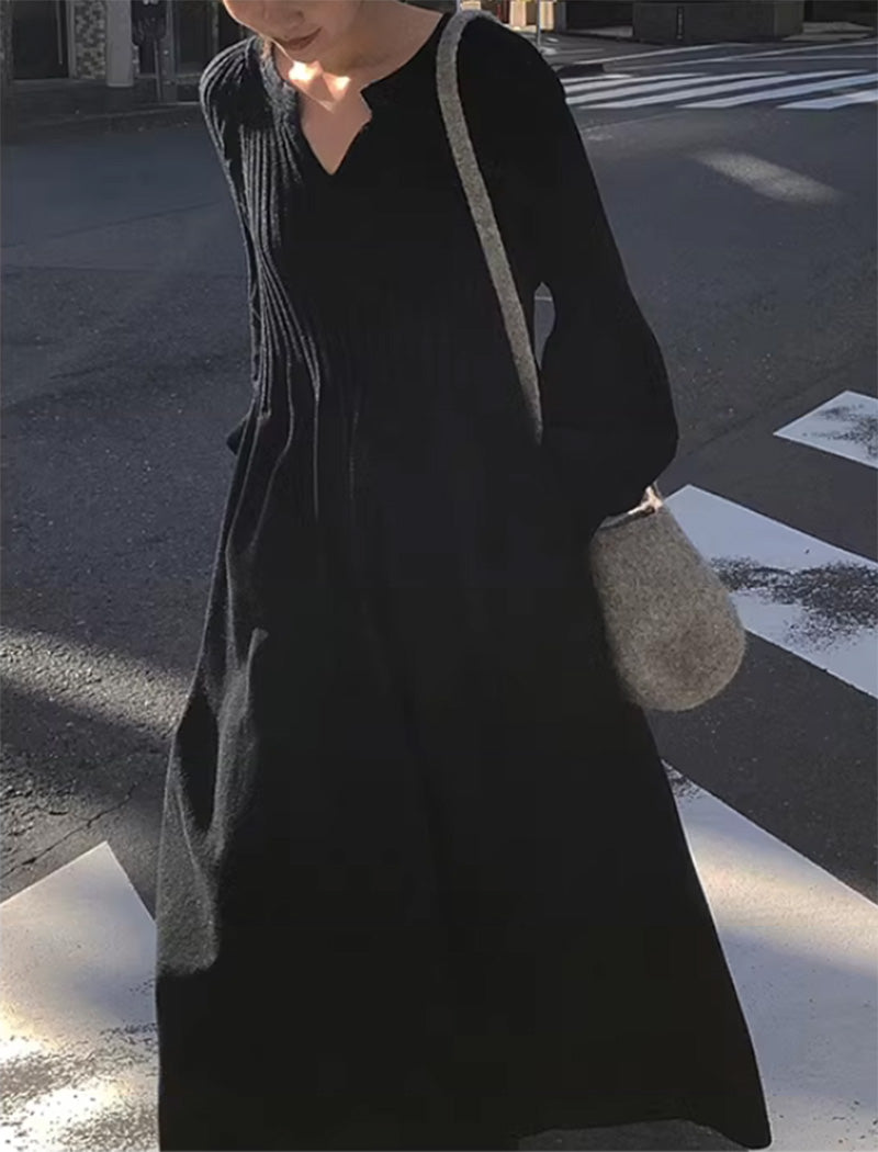 Ribbed V-Neck Long-Sleeve Dress