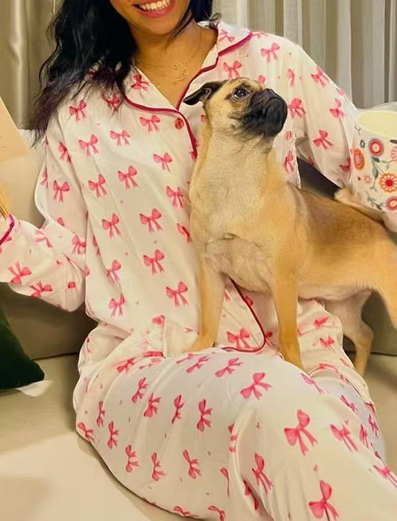 Bow Print Button-Up Pajama Set